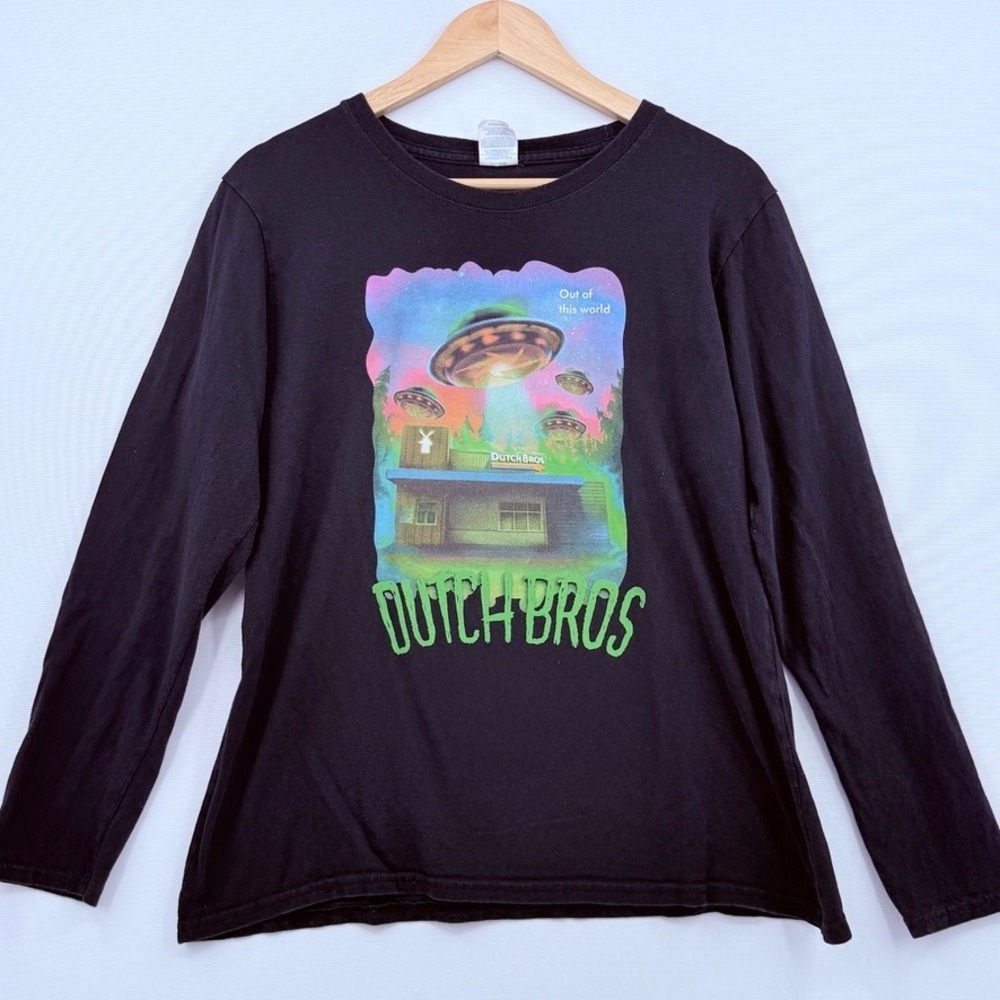 Dutch Bros Long Sleeve Shirt Adult Large Black UFO Alien Spaceship Whimsical